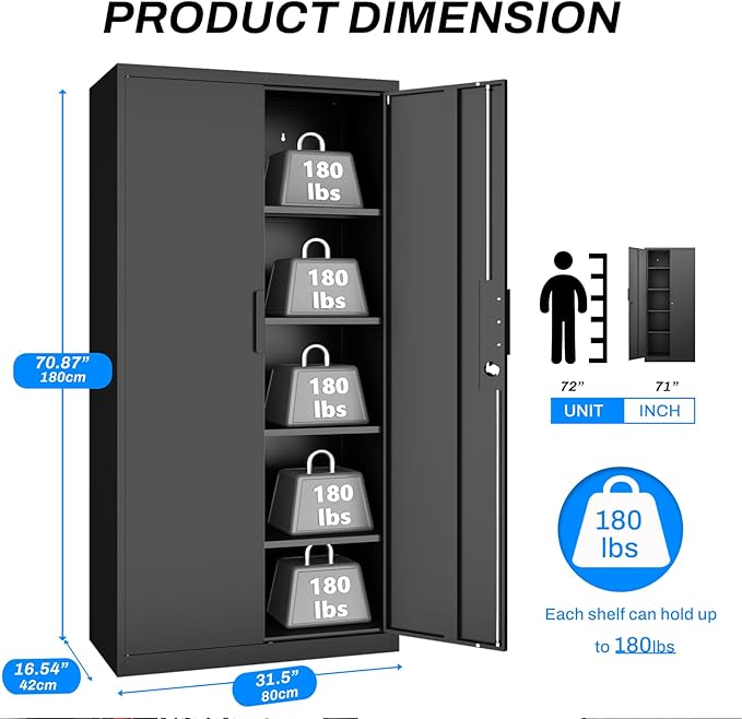 Metal Garage Storage Cabinet with Lock, 71" Tall Steel Storage Locker with 4 Adjustable Shelves, Heavy Duty Metal Cabinet for Garage, Office, Home, 31.5”W × 16.5”D, Black