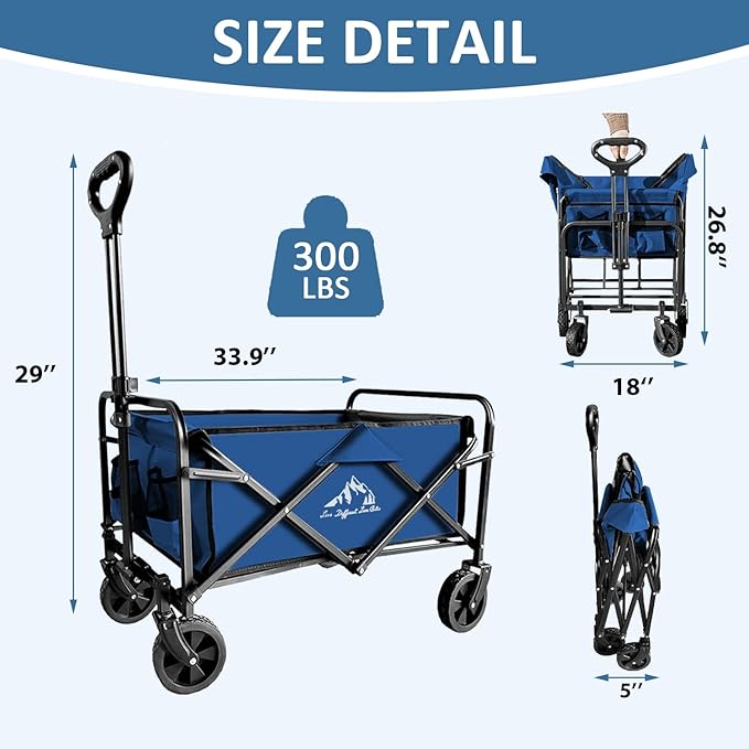 Collapsible Utility Cart Folding Wagon, 220 lbs Capacity Lightweight Rolling Cart with Quiet Wheels, Quick-Fold Design for Camping, Shopping, Ourdoor Use, Blue