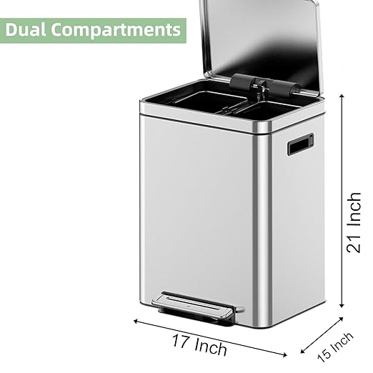Dual Compartment Trash Can - 2 X 4.7 Gal (2 x 18L) Stainless Steel Trash Can, Double Sorting Bin with Soft Close Lids, Removable Inner Bucket, Step-on Recycling for Kitchen Home Office