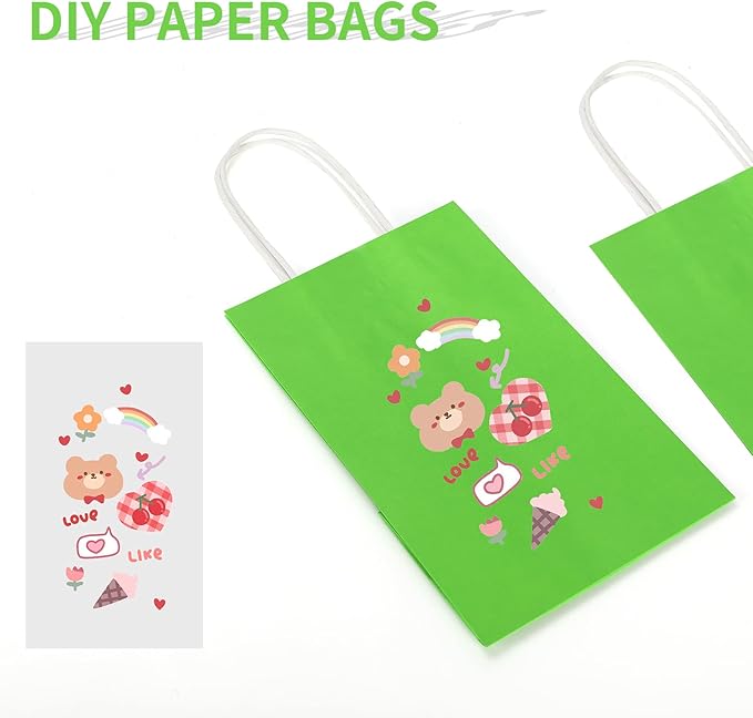 100 Pack 5.25x3.25x8.25 Inch Small Grass Green Kraft Paper Bags with Handles Bulk, Toovip Gift Wrap Bags for Favor Grocery Retail Party Birthday Shopping Business Goody Craft Merchandise Takeout Sacks