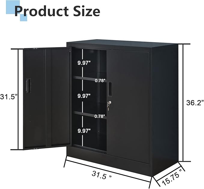 Metal Storage Cabinet, 36" H Locking Storage Cabinet with 2 Adjustable Shelves, Metal Cabinets for Garage, Home, Office, Utility Room-Black