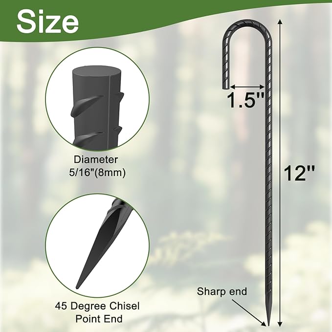 J Hook Rebar Stakes 12 Inch 16 Pack, 5/16 Inch Diameter Heavy Duty Steel Tent Stakes, Black E-Coated Anti-Rust Ground Anchors for Fencing, Tarp, Outdoor Decorations, Inflatables, Bounce House