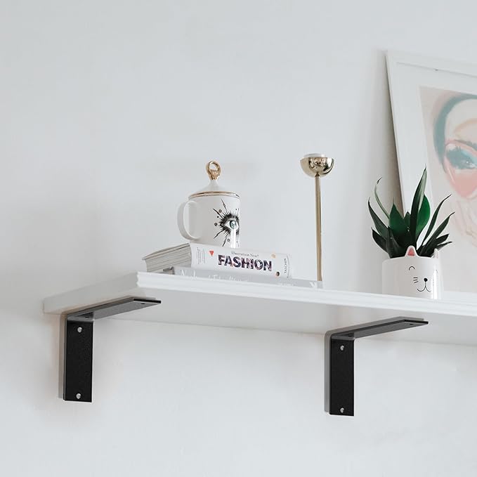Black Heavy Duty Shelf Brackets 6 Inch, Rustic Gold Iron L Shelf Bracket, Industrial Modern Metal Floating Shelf with Hardware for DIY Open Shelving, 4 Pack