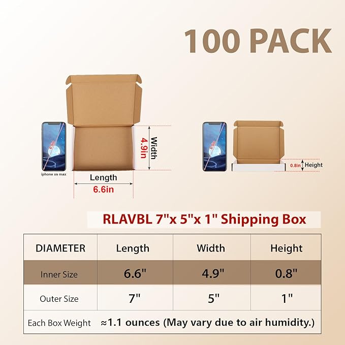RLAVBL 100 Pack 7x5x1 Small Shipping Boxes, White Corrugated Cardboard Mailer Box for Packing Mailing Small Business