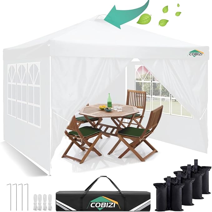 COBIZI 3x3 Outdoor Gazebo, Heavy Duty, Foldable, Waterproof, UV Protection 50+, Adjustable Height, for Garden, Parties, Market, Camping (White)