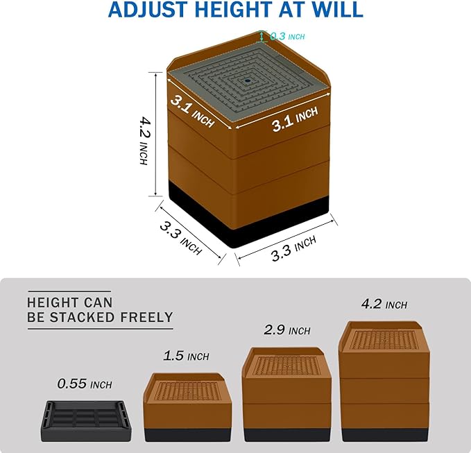 Bed Furniture Risers 4 Inch, Heavy Duty Furniture Elevator in Heights of 1.5, 3 or 4 Inch， Square Raising Blocks for Bed, Couch, Desk, Sofa, Tables,Support Up to 1,300 Lbs (4 Pack-Brown)