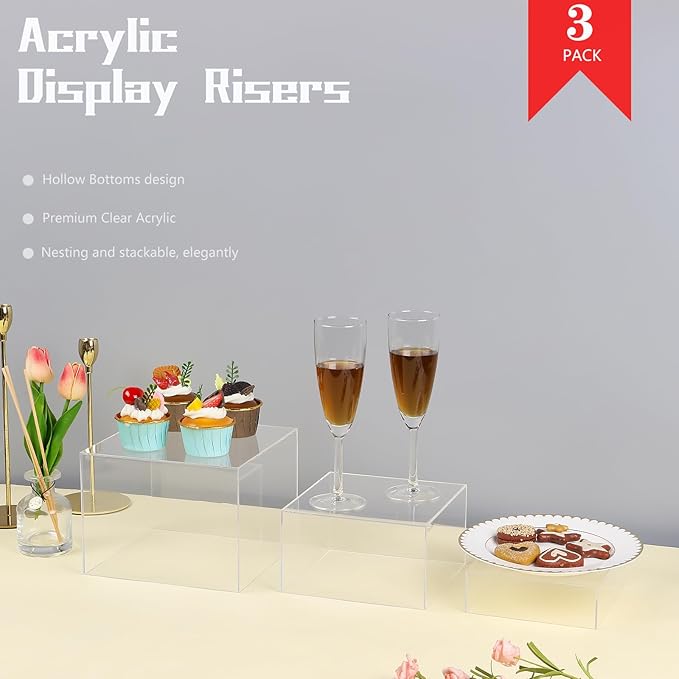 Risers Display Stands, Buffet Riser, Cubes Acrylic Display Box, Food Display Risers for Party, Acrylic Retail Display Stand, Nesting Showcase Display Riser, Craft Show Display Stand (3PCS-Clear)