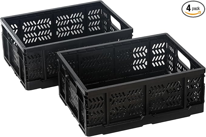 Heavy Duty Plastic Milk Crates for Storage, 4-Pack Stackable Storage Bins for Organizing, Collapsible Storage Basket with Handle for Groceries, Suitable for Home Office School Store, Black