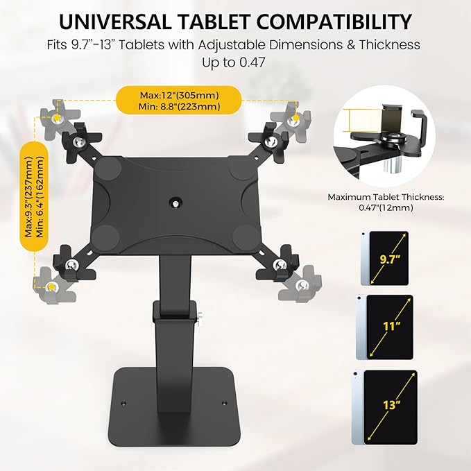 Adjustable Height Rotating Tablet Stand with Anti-Theft Lock, 360°Swivel & Tilt Aluminum & Carbon Steel Holder for 9.7-13 inch Tablets, for Desk, Office, Retail, Education(Black)