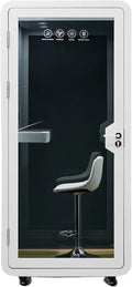 Mobile Office Pod Booth, Solo Soundproof Pod Acoustic Panels, Sound Pod Silent Ventilation, Wheels and Feet, Built-in Table, LED Lighting System, USB Ports White/Smoked Glass