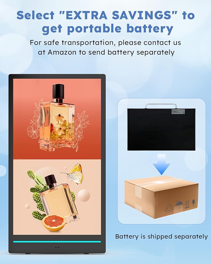 55-inch Rechargeable Portable FHD Outdoor Digital Signage Displays, IP65 Waterproof, Smart LCD Split Screen, Brightness Auto-Adjustment Movable Advertising Kiosk with Android OS