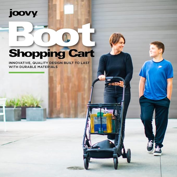Joovy Boot Shopping Cart Featuring 70 lbs Total Weight Capacity, Stylish Removable Tote, Swivel Tires for Easy Steering, One-Handed Compact Fold, and One-Step Parking Brake (Silver Frame)