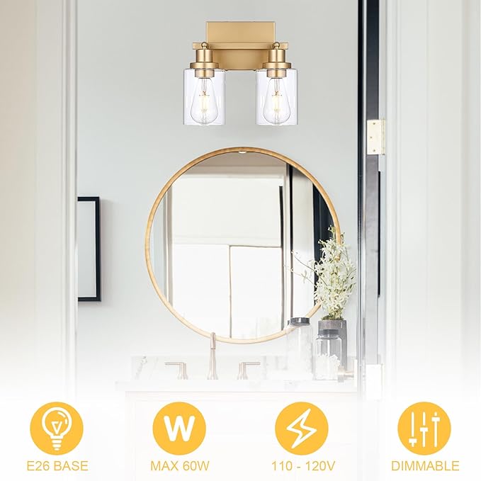 2-Light Track Lighting Fixtures Gold Finish, Multi-Directional Rotating Ceiling Tracking Lights with Clear Glass, Modern Bathroom Wall Vanity Lights Track Lighting Kits for Kitchen Accent Shop