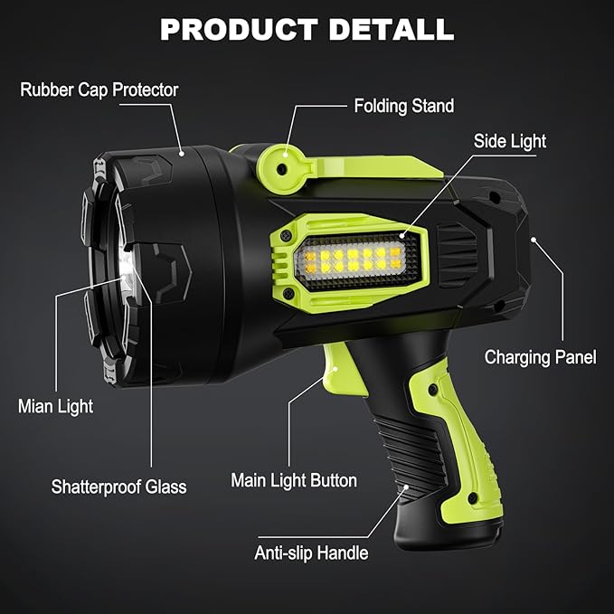 Rechargeable Spotlight, 99000 Lumens Super Bright Led Spotlights Flashlight with Cob Light, 10000ɱAh Spot Lights, Handheld Spotlight for Hunting Boating Outdoor, Long Runtime
