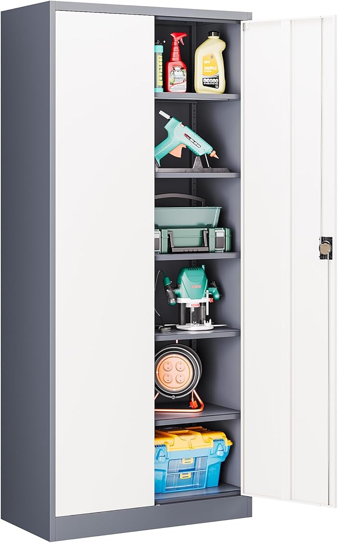 Metal Tool Storage Cabinet,Lockable File Cabinet with 2 Doors and 5 Adjustbale Shelves,Tall Cabinets for Garage Storage Systems for Home Office,Garage,Workshop