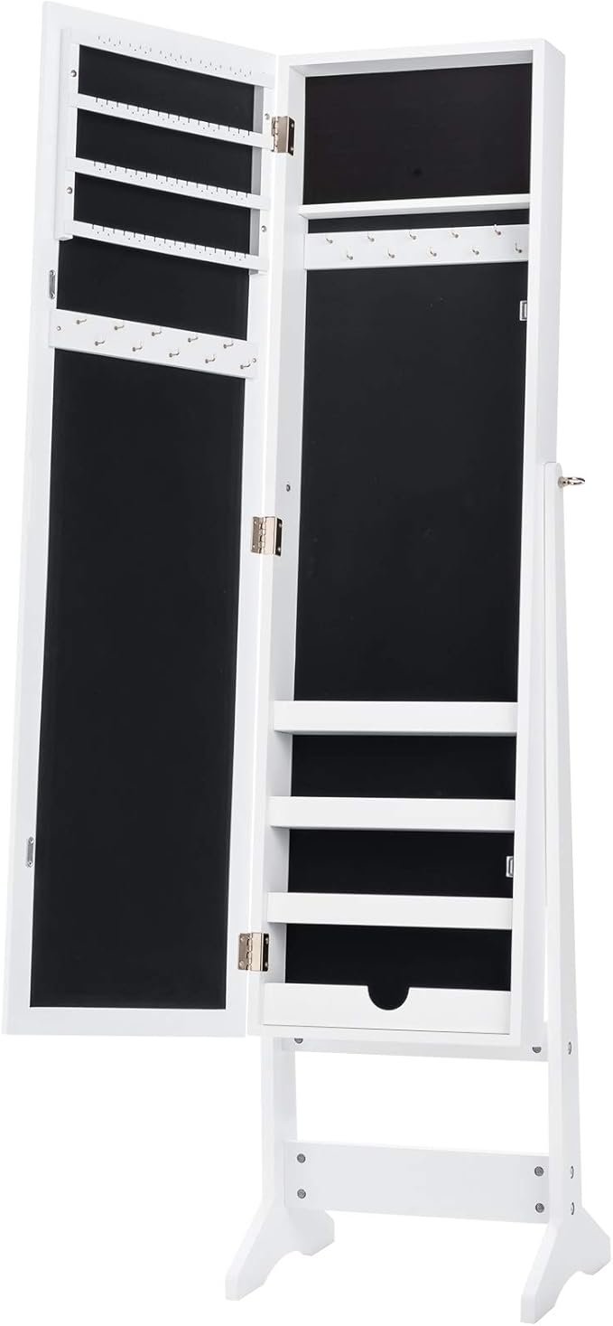 Giantex Jewelry Cabinet with Full-Length Mirror, Standing Jewelry Armoire Organizer with 64 Earring Slots, 72 Ring Slots, 20 Necklace Hooks, 4 Storage Shelves, 3 Angle Adjustable (White)