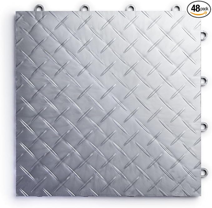 RaceDeck Diamond Plate Design, Durable Interlocking Modular Garage Flooring Tile (48 Pack), Alloy