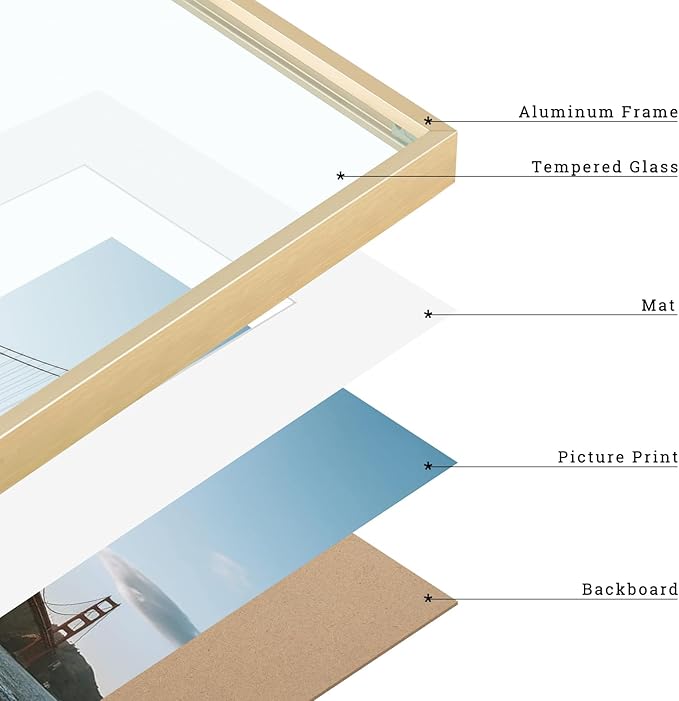 Frametory, 12x16 Metal Picture Frame with Mat for 11x14 Picture & Real Glass, Aluminum Photo Frame Collection (Gold, 1 Pack)