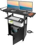 Large Mobile AV Cart with Locking Cabinet and Drop Leaves, Height Adjustable Steel AV Cart with Wheels and Power, Rolling Computer Cart with Pullout Keyboard Tray for Office, Warehouse&Classroom