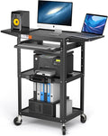Large Steel AV Cart with Power Strip & Drop Leaves - Height Adjustable Metal Madia Cart with Wheels - Heavy Duty Rolling Computer Workstation for Laptop Projector Printer TV, Black (46" x 18")