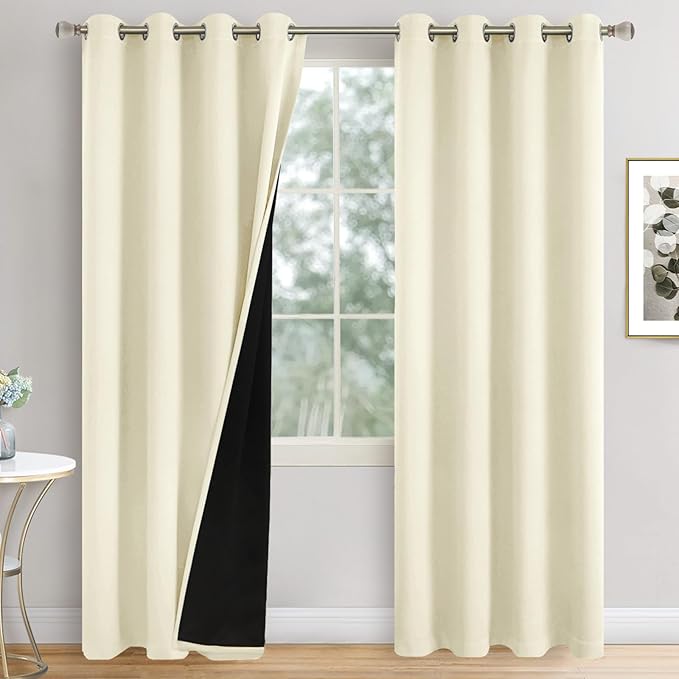 100% Blackout Curtains 84 Inch Length for Living Room 2 Panels, Thermal Insulated Light Blocking Soundproof Grommet Long Window Curtains with Black Liner, Each 52 Inch Wide, Cream