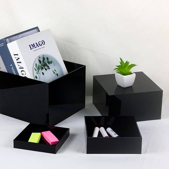 Acrylic Cube Display Boxes Pedestals, Black Platform with Hollow One Open Side, Stackable Nesting Risers Stands Shelf for Collectibles