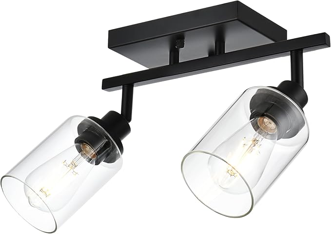 2-Light Track Lighting Kit Black Track Lighting Fixtures Bathroom Wall Sconces Ceiling Mount Kitchen Tracking Lights, Rotatable Spotlight with Clear Glass Shade for Kitchen Shop Hallway
