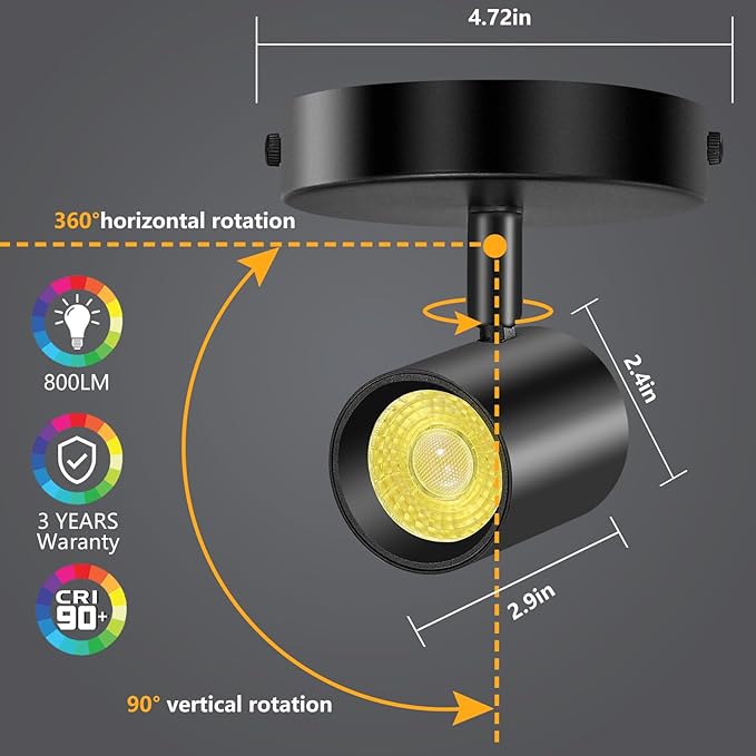VANoopee 5-Color Ceiling Spotlight Flush Mount Adjustable Directional LED Spot Lights Indoor Dimmable Ceiling Light Fixture for Accent Art Picture Living Room - CRI90+ 24° Flicker Free 10W 800lm Black