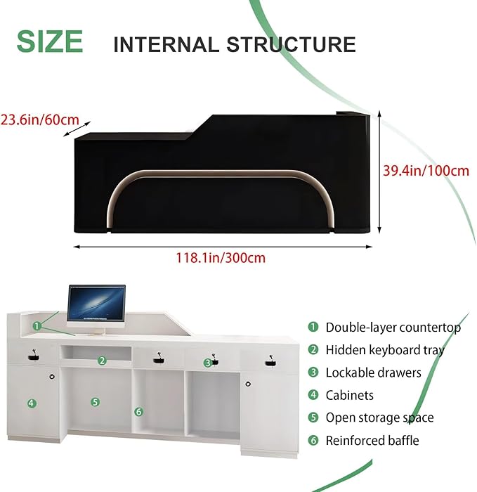 Modern Reception Desk with Counter Front Reception Table with Hidden LED Lighting Commercial Receptionist Desk Black Checkout Counter Fully Assembled and Ready to Use 118inch/300cm