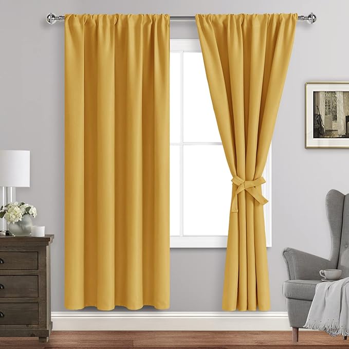 JIUZHEN Blackout Curtains for Bedroom - Curtain Drapes Set of 2 Panels with Tiebacks, Room Darkening Thermal Curtains, 42 x 72 Inches, Light Blocking Curtains for Living Room, Mustard Yellow
