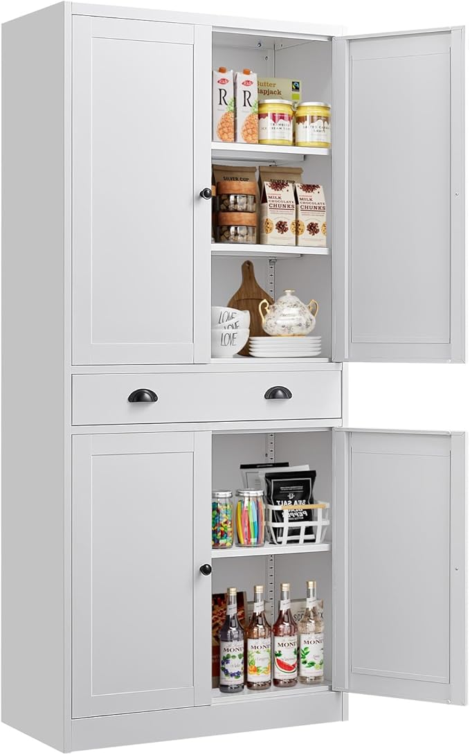 71” Food Pantry Storage Cabinet with Drawer,White Metal Kitchen Pantry Cabinet with Doors and Adjustable Shelves,Tall Storage Cabinets for Pantry,Kitchen,Livingroom