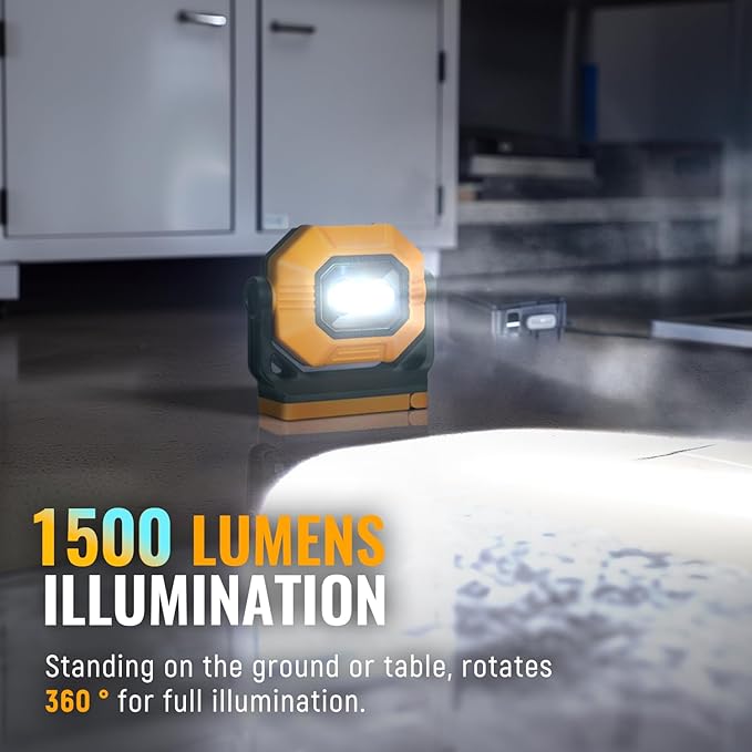 LED Rechargeable Work Light, 1500LM Portable COB Magnetic Lights with 3 Modes & 360° Rotatable, IPX4 Waterproof Worklight for Car Repairing, Job Site Lighting, Emergency (1 PC)