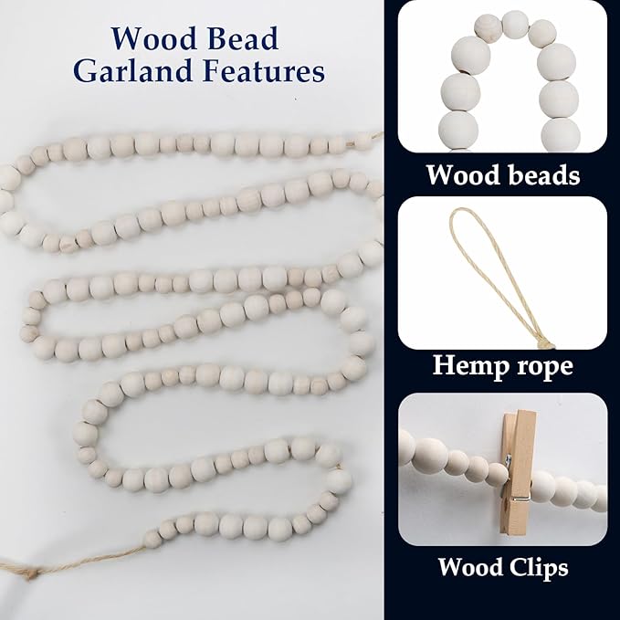 Hanging Photo Display Wall Decor with 30 Wood Clips, YuanDe 67 Inches Boho Wooden Bead Garland Collage Picture Frame Photos String DIY, Photo Hanger for Bedroom Office Dorm Room Decor Gifts(2PCS)