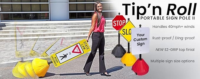 Tip-n-Roll Portable Pole 2 Sign Holder | 18"w x 12"h Wheeled Base | Yellow Base, 60”h Pole (PP2-YL-60P)
