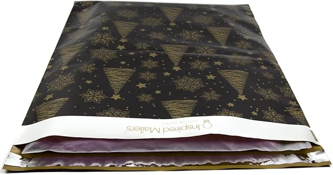 Inspired Mailers - Large Holiday Poly Mailers 14.5 x 19-50 Pack - Christmas Trees and Snowflakes (Black/Gold) - Large Holiday Mailing Envelopes