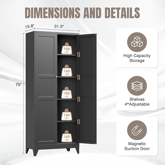 Yizosh Metal Pantry Cabinet, 75" Kitchen Pantry with 2 Door and 4 Adjustable Shelves,Black Metal Pantry Storage Cabinet,Cupboard for Kitchen,Dining Room,Living Room and Bathroom