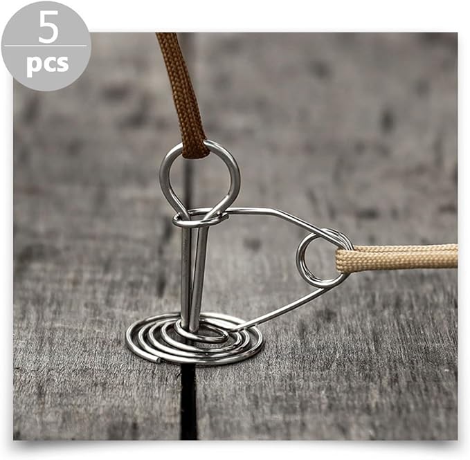 Mikinona 5Pcs High-Strength Tent Deck Pegs with Spring Buckles Silver Stainless Steel Tent Anchor Hooks for Secure Wind-Resistant Camping Canopy and Awning Fixing