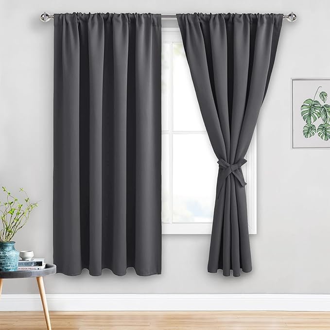 JIUZHEN Blackout Curtains for Bedroom - Thermal Insulated Room Darkening Noise Reducing, 52 x 63 Inch Length Curtains for Living Room, Set of 2 Panels with Tiebacks, Dark Grey