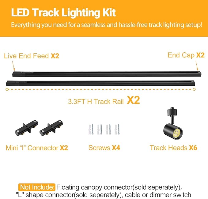 VANoopee 5-Color 6-Light LED Track Lighting Kit with 6.6FT H Type Track Lighting Rail, LED Track Light Heads Dimmable Modern Kitchen Track Lighting Fixtures Ceiling Spotlight, CRI90+ 10W 800lm Black