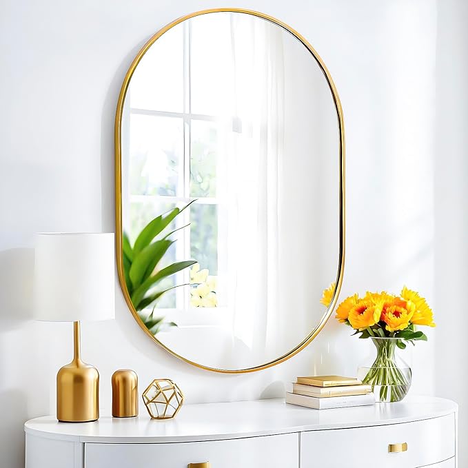 36x24 Mirror Runway Oval Wall Mounted Aluminum Alloy Metal Frame Rectangle Mirrors for Entryway Bedroom Bathroom Living Room 36 24 inch Gold