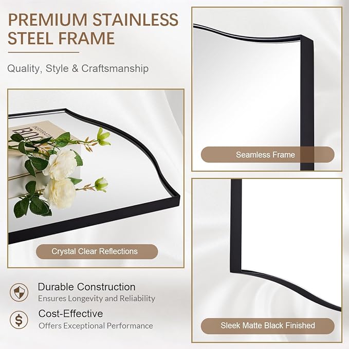 ANDY STAR Scalloped Bathroom Mirror，24"x32" Black Rectangle Wall Mirror with Curved Edge Stainless Steel Metal Frame, Irregular Vanity Wall-Mounted Mirror for Bathroom, Entryway