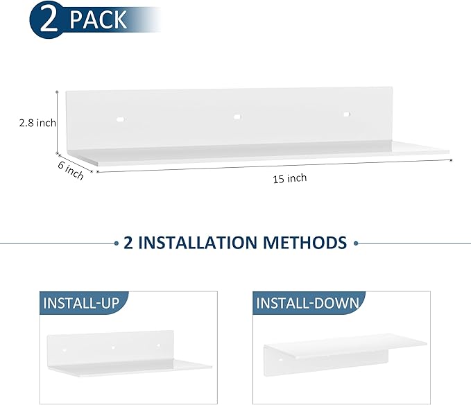 2 Pack White Acrylic Floating Shelves 15 Inches, Wall Hanging Bathroom Shelves, Wall Storage Shelf for Kitchen, Dining Room, Living Room, Bedroom, Bathroom, Retail, Supermarket