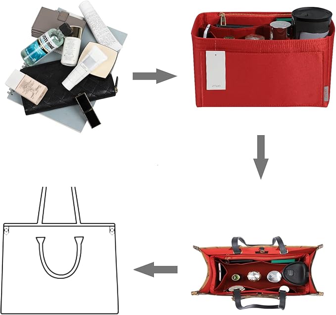 ZTUJO Purse Organizer Insert For Handbags, Silky Touching Bag Organizer Insert With Bottle Holder, Perfect for Speedy, Neverfull, Tote,ONTHEGO,Artsy,Handbag and More (Large, Silky Red)