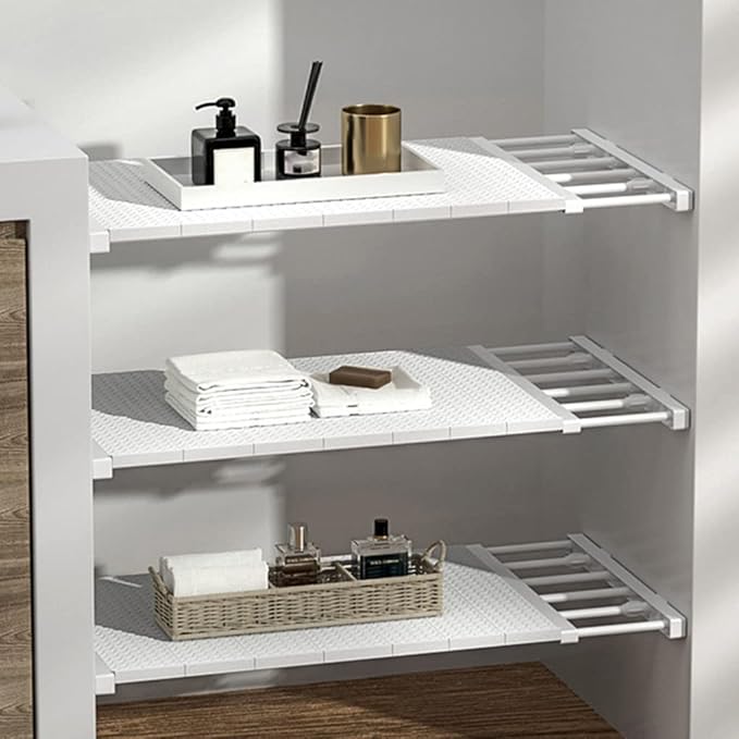 Closet Shelf Dividers Expandable Wardrobe Organizer System Tension Rod Adjustable Storage Rack Hanger Separators 9.45'' Width for Bedroom Bathroom Kitchen Bookshelf Office - White