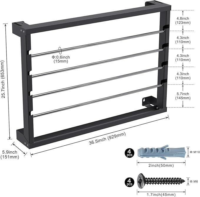 SELEWARE Heavy Duty Wall-Mounted Wire Spool Rack – Cable Reel Holder and Dispenser with 4 Adjustable Stainless Steel Rods for Industrial, Electrical, and Retail Storage and Display (Black)