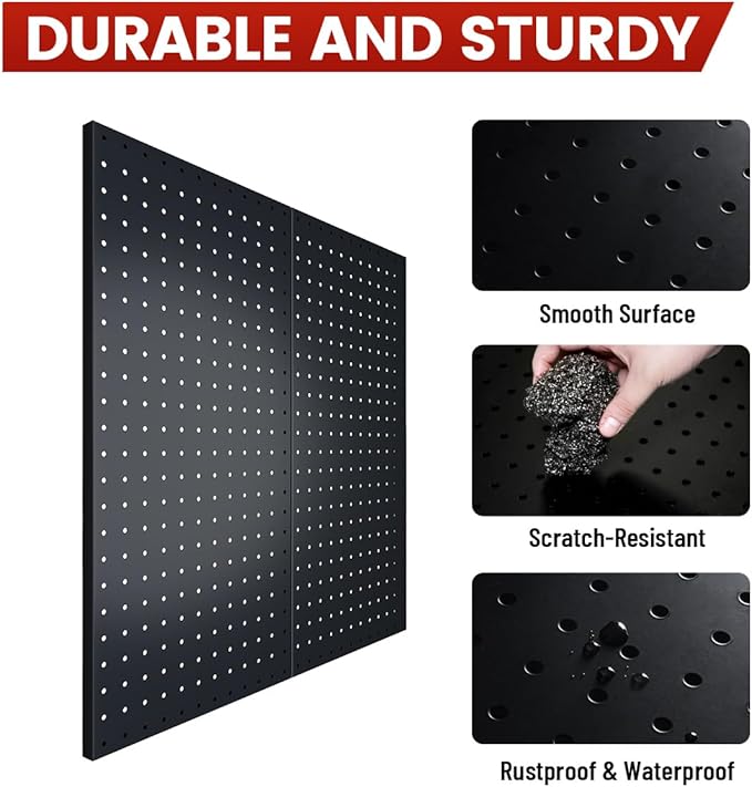 Pegboard, Metal Peg Board, Pegboards Wall Organizer with 57 Pcs Hooks, Sturdy Peg Board for Garage Tool Organization, Home & Office Wall Decoration (Black, 3 Pack)