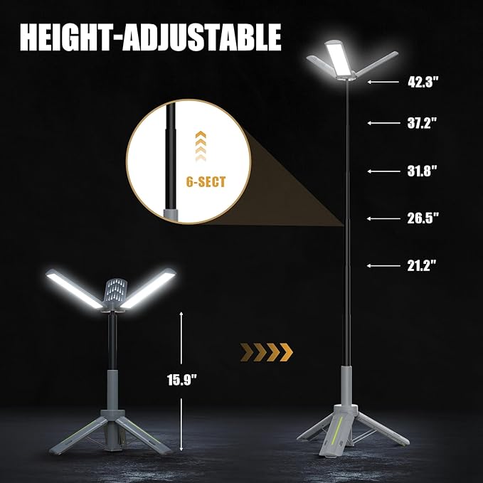 BUBRA Rechargeable Telescopic Camping Light with Power Bank & Stand, IP44 Waterproof Stepless Dimming Work Light & Flashlight, 3-Mode Portable LED Lantern for Emergency, Outdoor, Garage, Power Outages