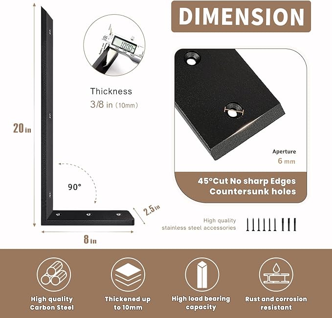 Countertop Support Bracket 20 Inch 3 Pack Countertop Bracket for Granite 3/8" Thick 20"x8"x2.5" Heavy Duty L Brackets Shelf Brackets Metal Corbels for Quartz/Granite/Wood/Concret/ Laminate Countertops