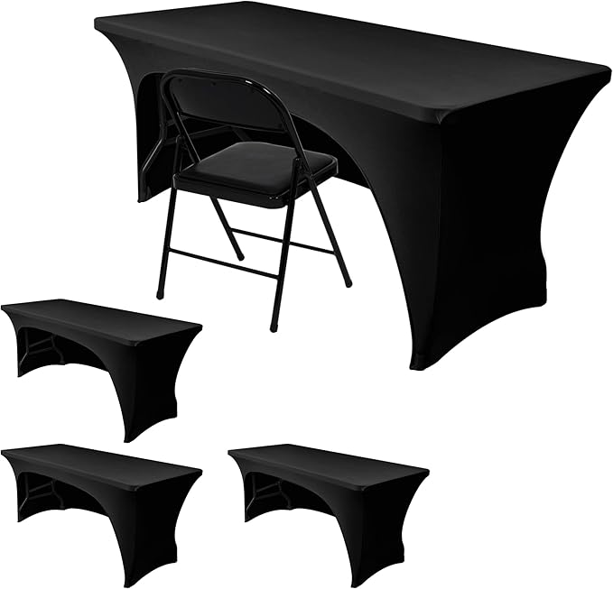 Nasitos 4 Pack Fitted Black Table Cloth 6 Foot-Open Back Spandex Table Covers 6ft Rectangle Table, Washable and Wrinkle Resistant Stretch Trade Show Table Cover for Patio, Parties, Banquet, Festival