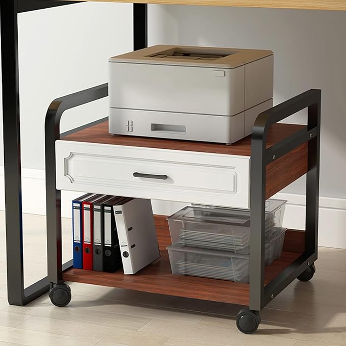 Printer Stand Office Printing 2 Tier Vintage Under Desk with Drawers and Caster Wheel for Home Table Organizer Mobile Shelf Cart Table